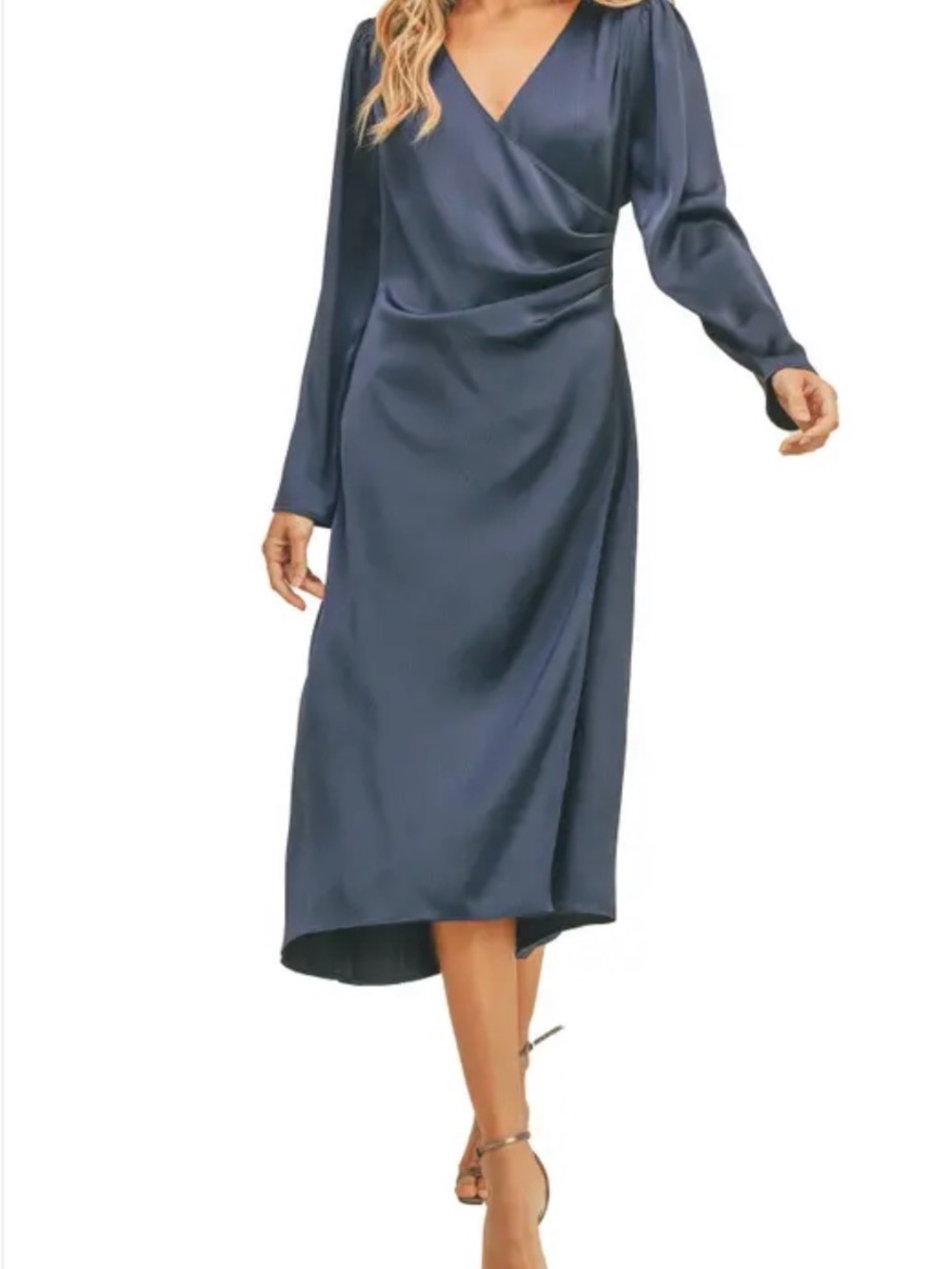 Lush Blue Ruched Wrap Midi Dress